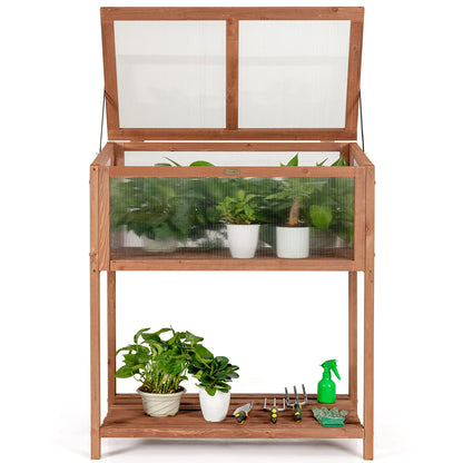 GiantexUK Wooden Cold Frame Greenhouse, Transparent Flower Plant Growhouse with Adjustable Cover and Storage Shelf