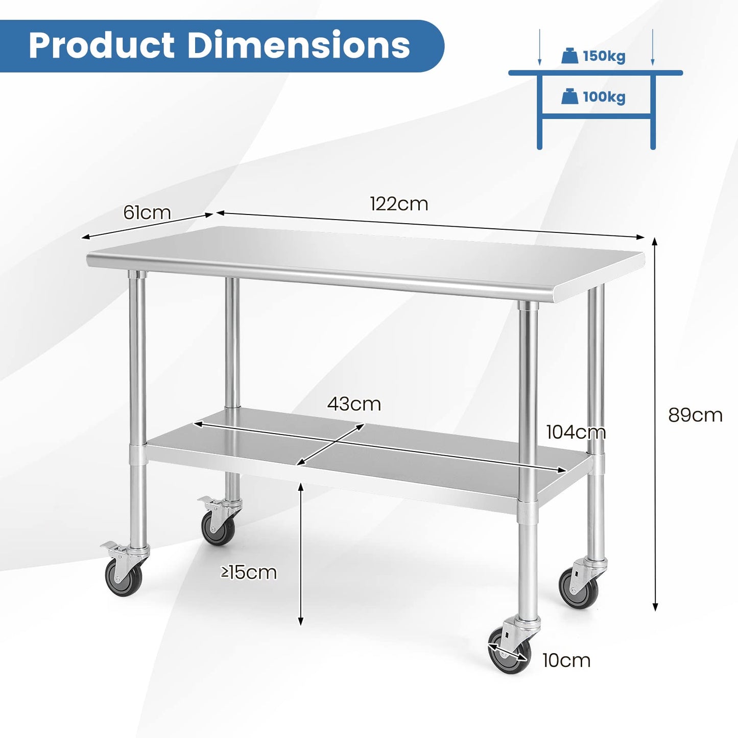 GiantexUK Stainless Steel Catering Table, 122 x 61 x 89 cm Rolling Commercial Work Table with 4 Wheels & Flexible Adjustment Shelf