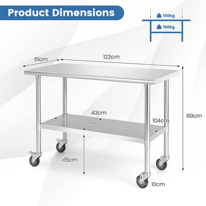 GiantexUK Stainless Steel Catering Table, 122 x 61 x 89 cm Rolling Commercial Work Table with 4 Wheels & Flexible Adjustment Shelf