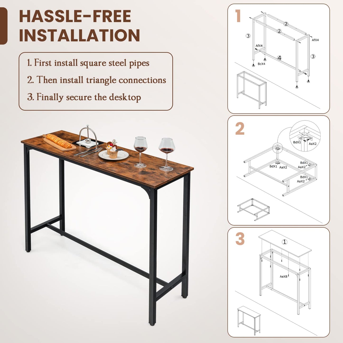 GiantexUK 120cm Bar Table, Metal Frame Rectangular Dining Table with Footrest & Adjustable Foot Pads