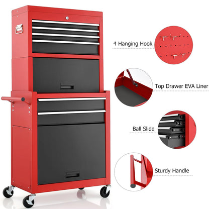 GiantexUK Tool Cabinet, 2 in 1 Lockable Metal Tool Chest with Removable Top Cabinet, Wheels, 6 Drawers (with Middle Toolbox)