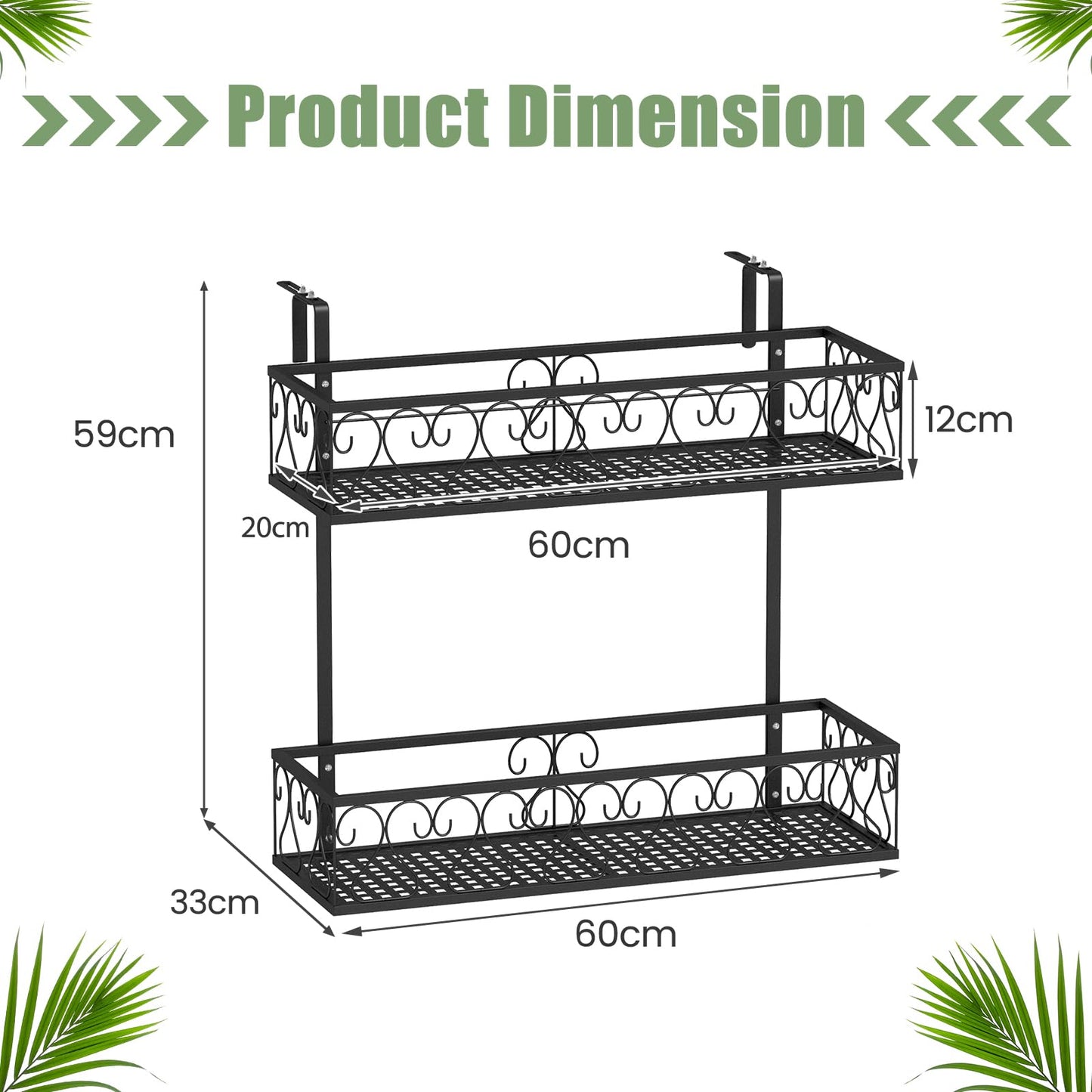 GiantexUK 2-Tier Hanging Flower Pot Holder, Iron Art Hanging Railing Planters with Adjustable Hooks