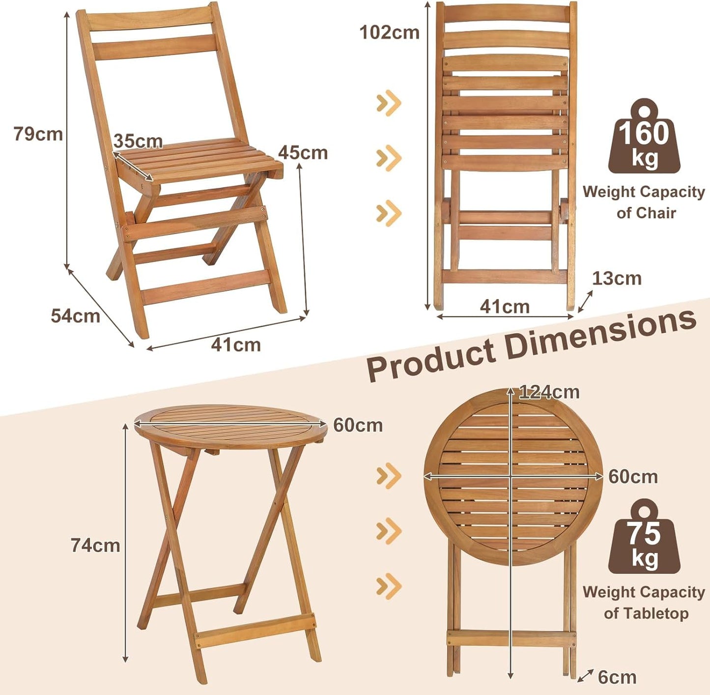 GiantexUK 3PCS Folding Bistro Set, Solid Acacia Wood Table and Chairs with Slatted Tabletop