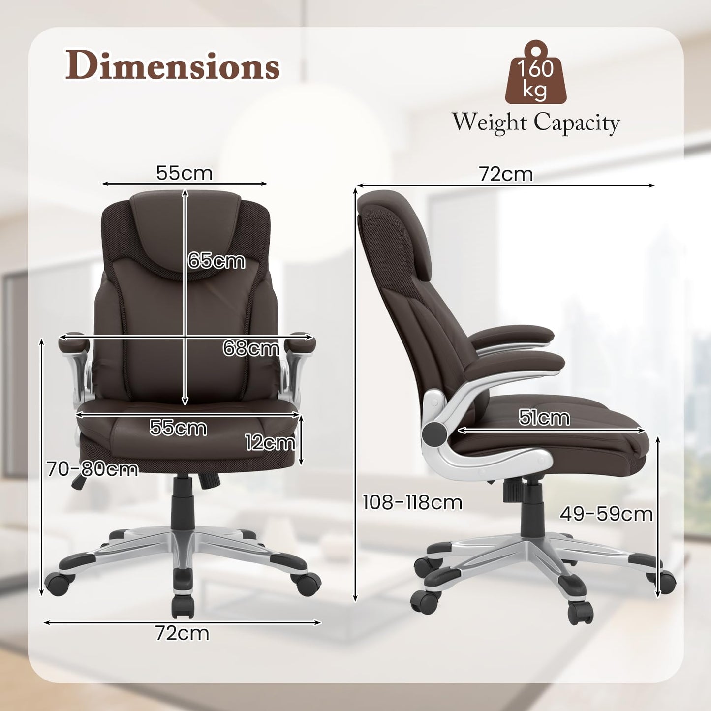 350LBS Executive Office Chair, Height Adjustable PU Leather Computer Desk Chair with Rocking Backrest and Arms, 72 x 72 x 118 cm