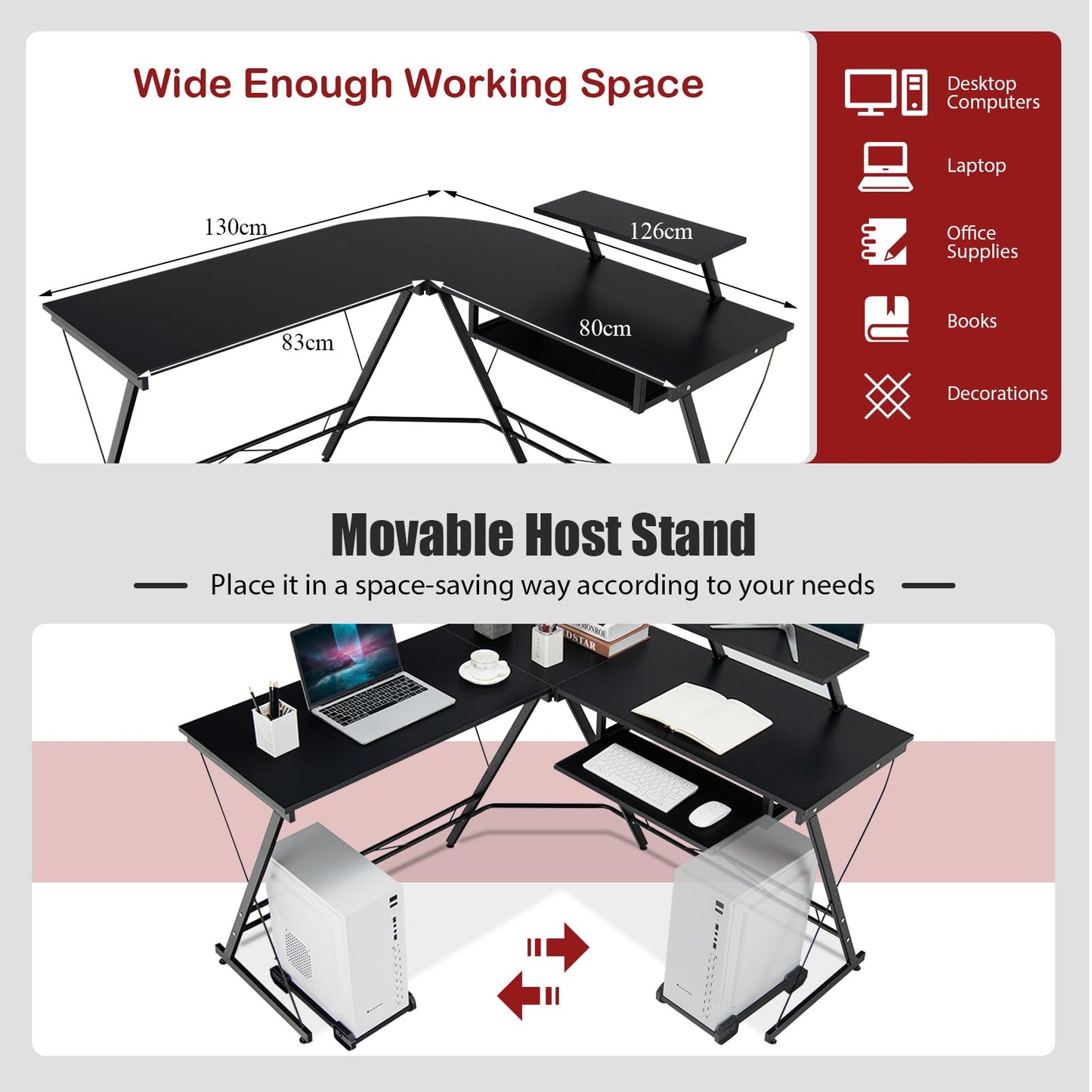 L-Shaped Computer Desk, 130CM Large 2-Person Corner Writing Workstation with Movable Host Stand