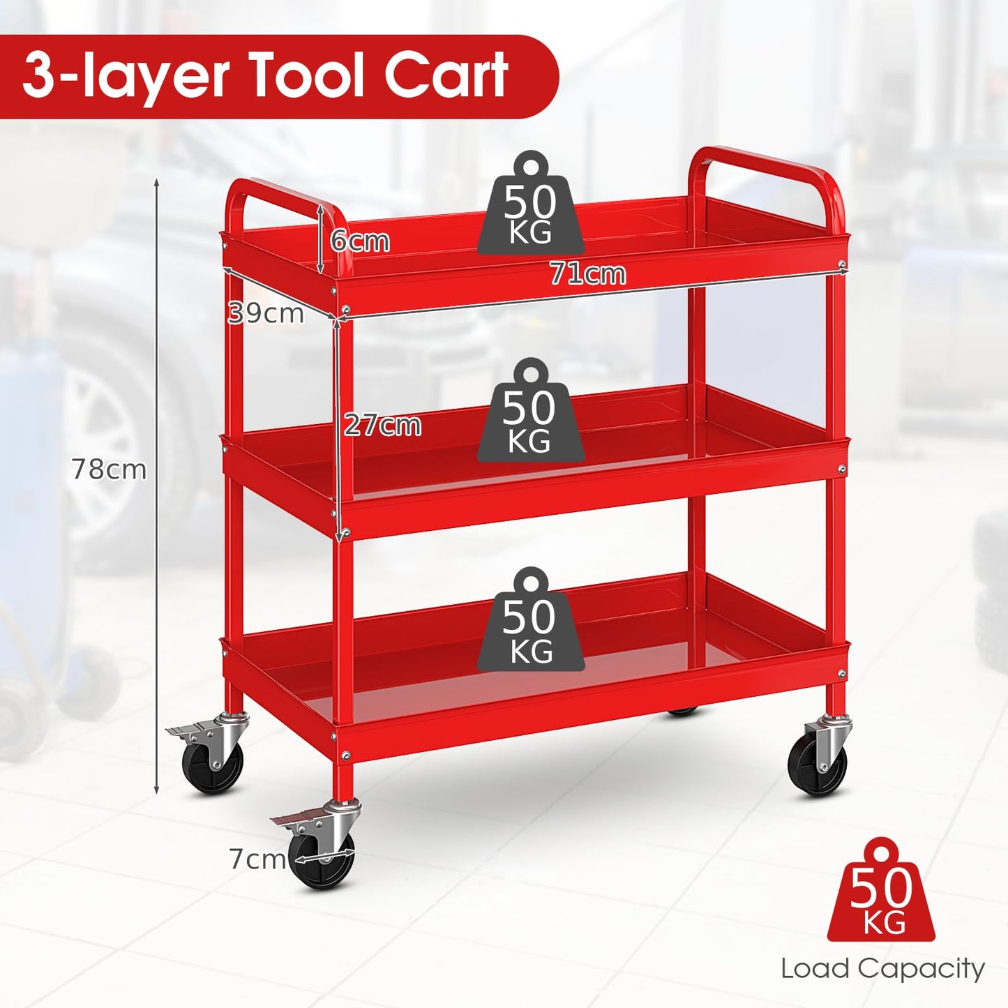 GiantexUK 3-Tier Tool Trolley, Metal Frame Utility Service Cart with 4 Wheels and Handle (3-Tier, 2 U-handles, Red)