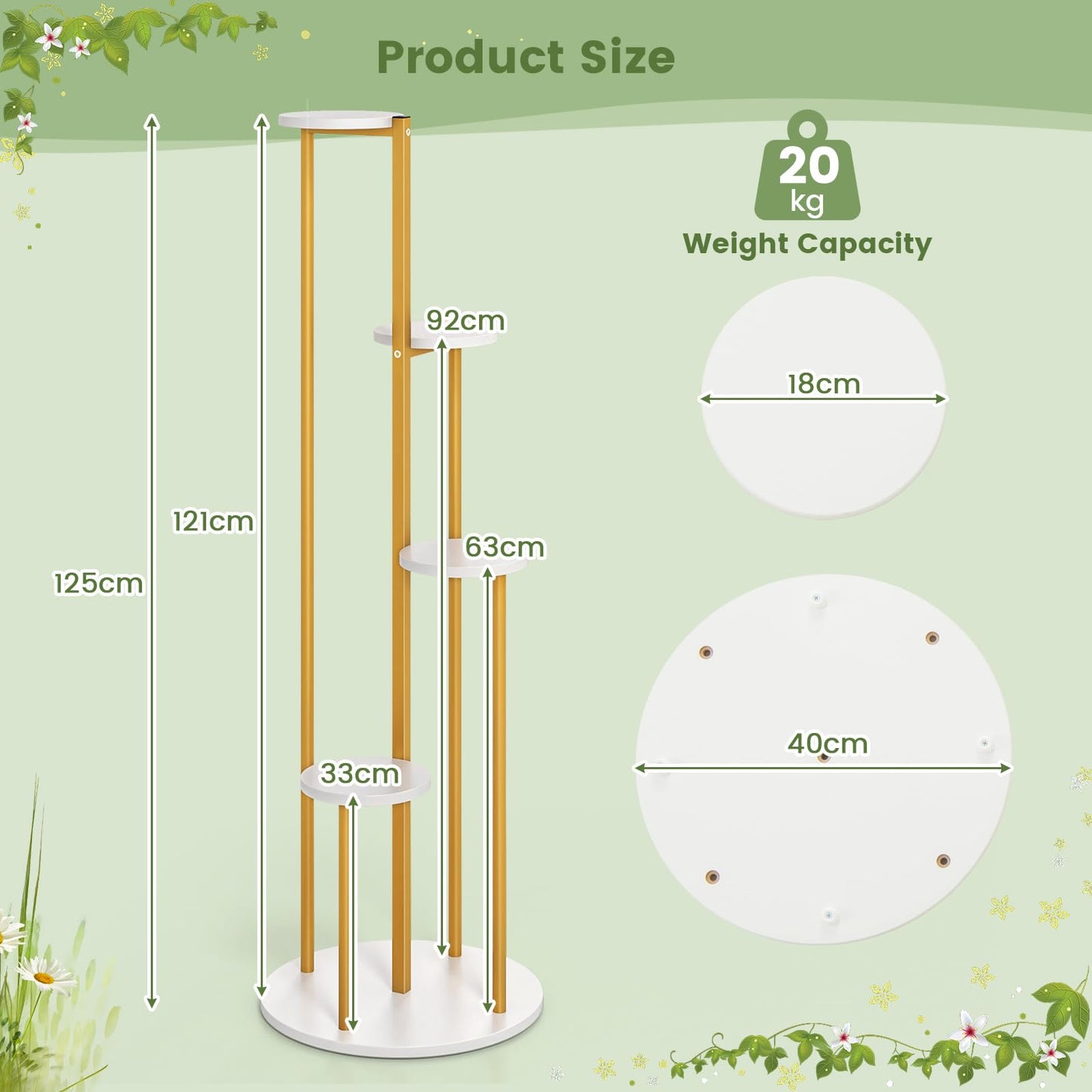 Tall Plant Stand, 5 Tiers Flower Rack with Foot Pads, Metal Display Pot Shelf Holder for Balcony Living Room Yard