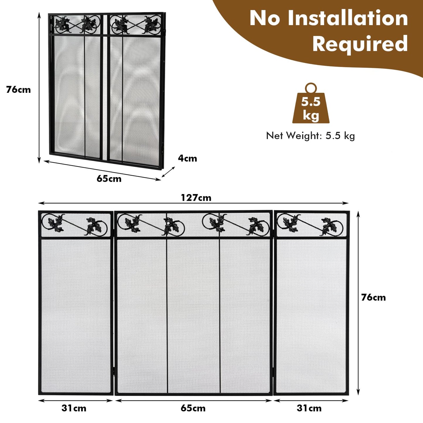 GiantexUK 3-Panel Folding Fire Guard, Metal Mesh Fireplace Screen, Heavy Duty Freestanding Spark Guard Safety Barrier