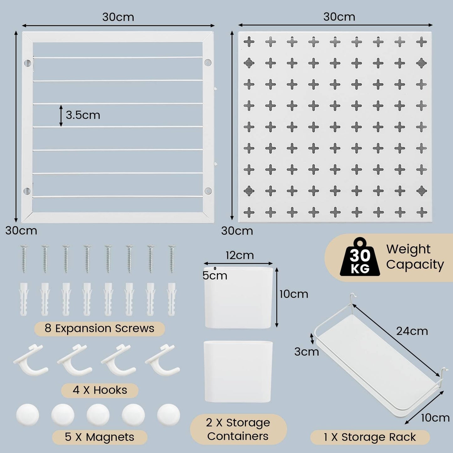 GiantexUK Pegboard Combination Kit, Metal Pegboard Wall Organiser with Shelf, 2 Containers, 4 Hooks & 5 Magnets