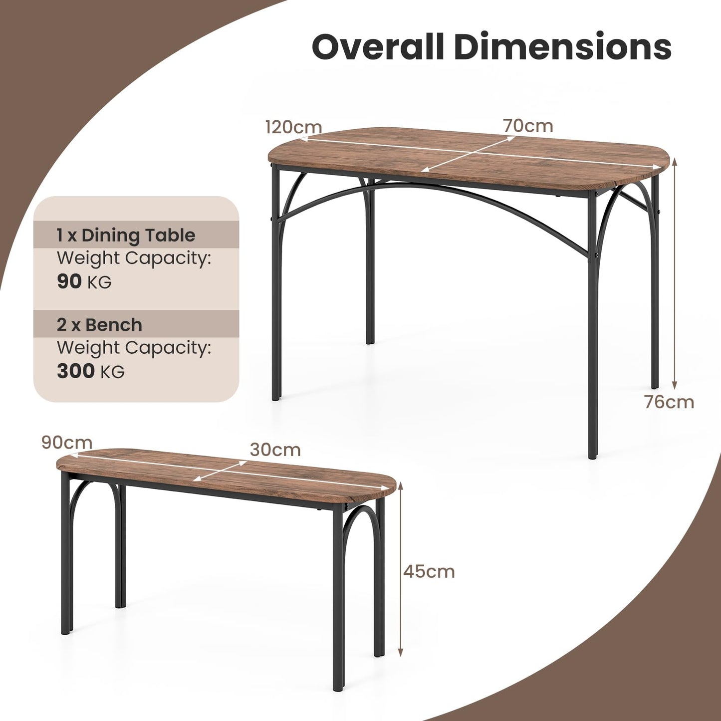 Dining Table with 2 Benches, 3 Piece Kitchen Table and Benches Set with Anti-slip Foot Pads