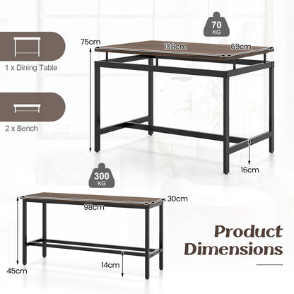 Dining Table with 2 Benches, 3 Piece Kitchen Table and Benches Set with Adjustable Foot Pads