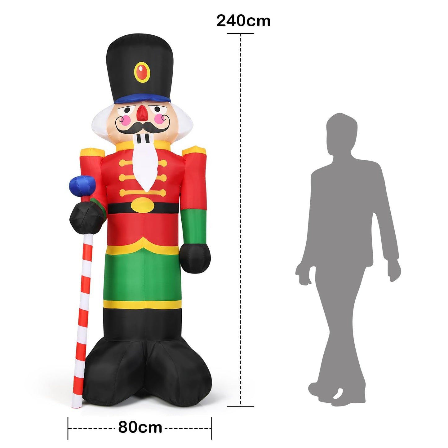 2.4M Inflatable Christmas Decoration, Giant Blow up Nutcracker Soldier with 3 LED Lights and Candy Scepter