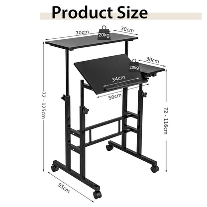 Height Adjustable Standing Desk, Mobile Laptop Table Computer Desk with Flip-over Desktop and Wheels