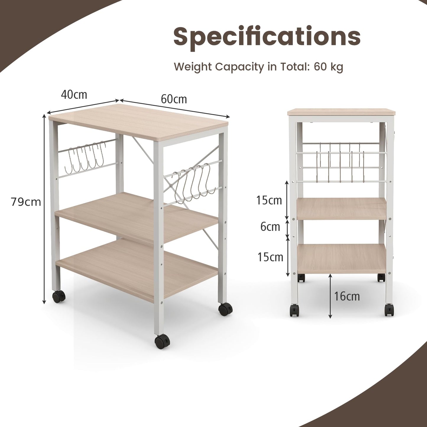 GiantexUK Kitchen Baker's Rack, 3 Tier Serving Cart Microwave Stand with Shelves, Lockable Wheels, 2 Adjustable Shelves