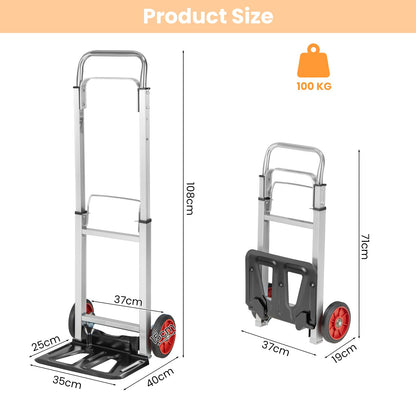 GiantexUK Folding Sack Truck, 100 kg Capacity Aluminium Frame Hand Truck with Extendable Handle and 2 Rubber Wheels