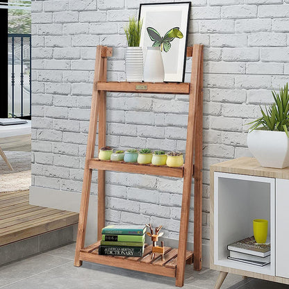 GiantexUK Folding Plant Stand, 3 Tier Wooden Flower Pot Display Rack, Garden Plants Ladder Herb Shelves (3 Tier, 45 x 38 x 95cm)