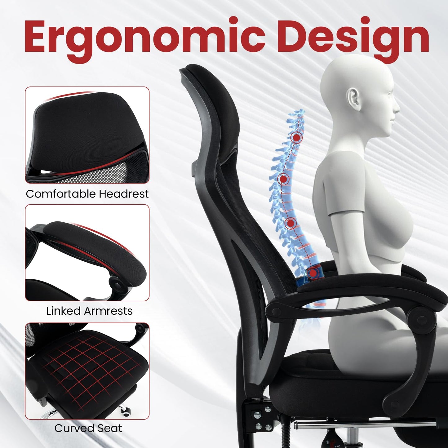 Mesh Office Chair, Ergonomic High Back Swivel Computer Desk Chair with Retractable Footrest