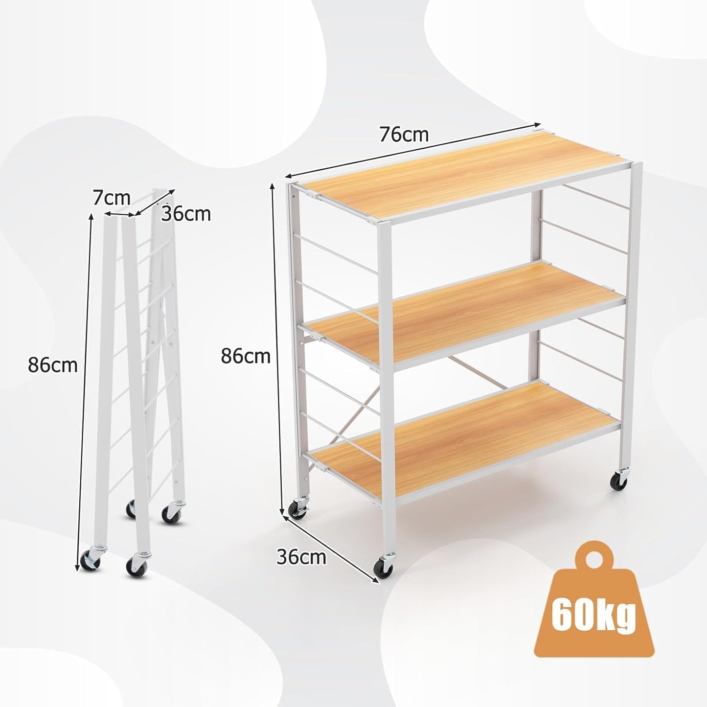 GiantexUK 3-Tier Storage Cart, Foldable Metal Frame Shelving Unit with Wheels, Adjustable Shelves & Anti-Tipping Device