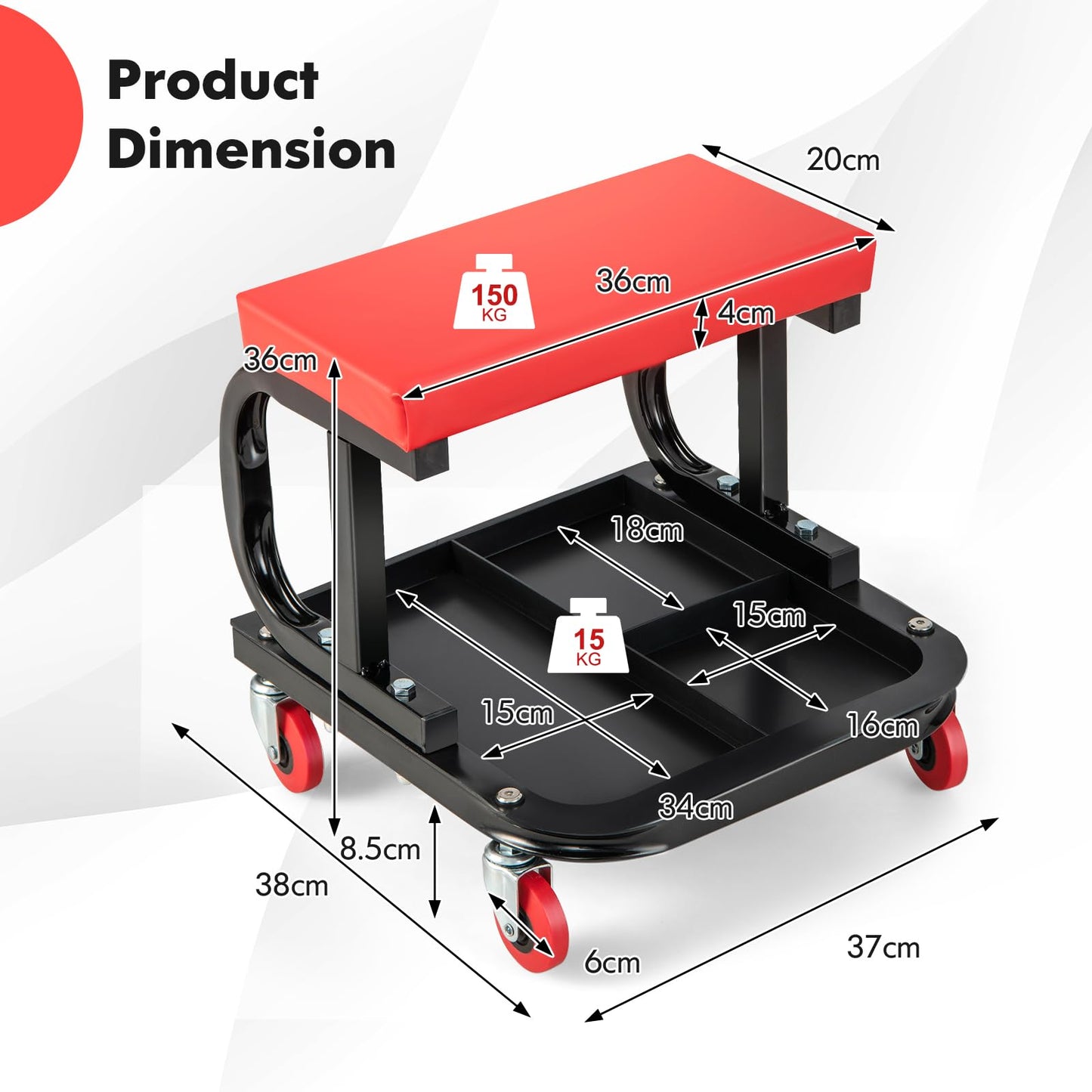 GiantexUK Rolling Mechanic Stool, Padded Creeper Trolley Seat with 4 Swivel Casters and Segmented Tool Tray Storage