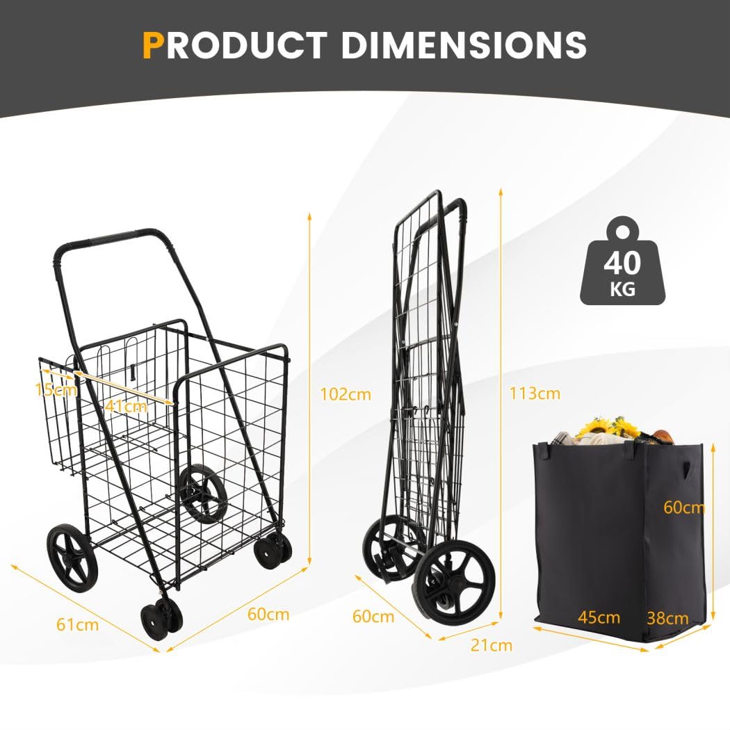 GiantexUK Foldable Shopping Cart on Wheels, Metal Grocery Trolley with Extra Basket & Anti-slip Handle