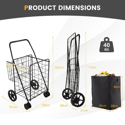 GiantexUK Foldable Shopping Cart on Wheels, Metal Grocery Trolley with Extra Basket & Anti-slip Handle