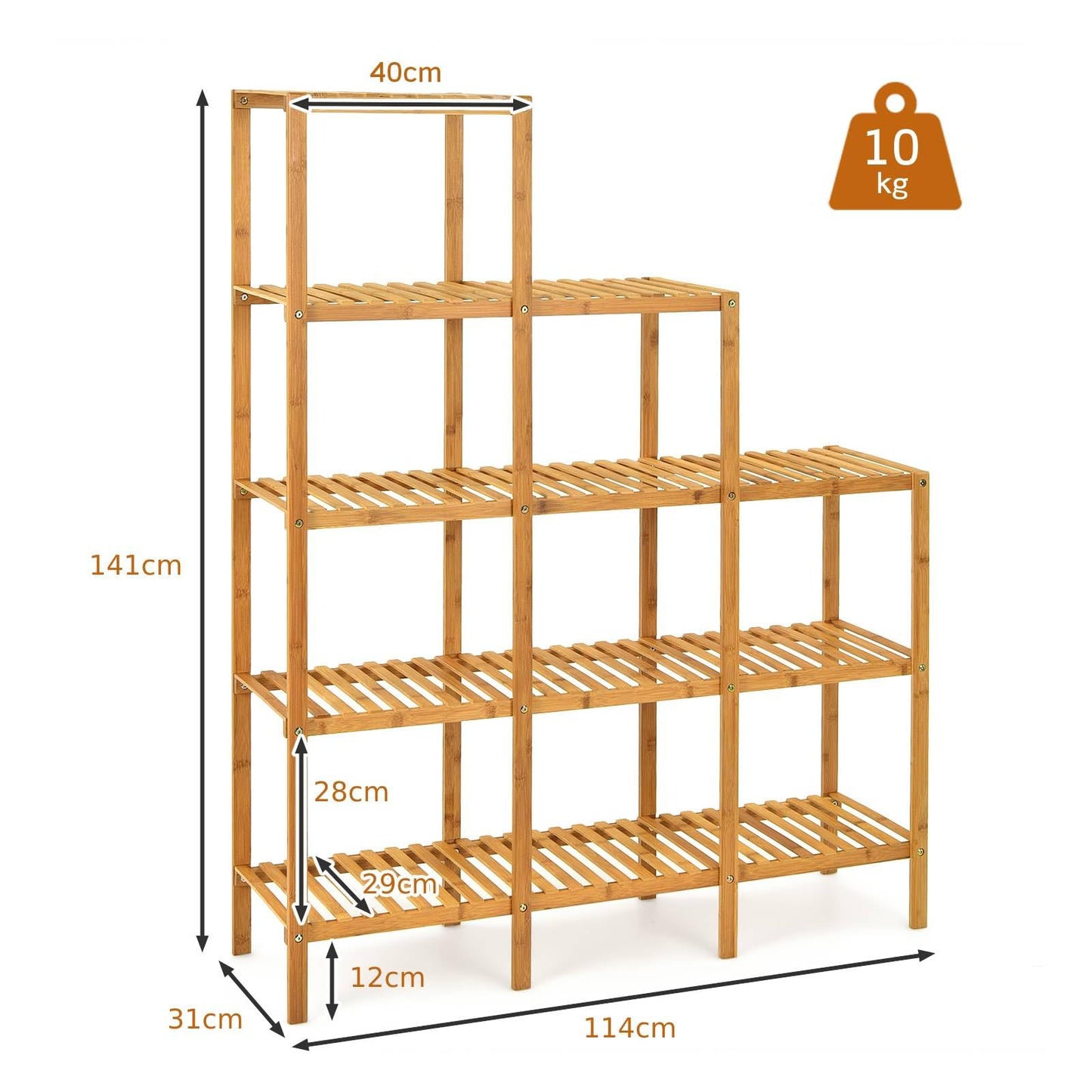 Bamboo Plant Stand, 5 Tiers Flower Shelf Rack, Indoor Outdoor Bonsai Holder Display Storage Organizer (114 x 31 x 141cm)