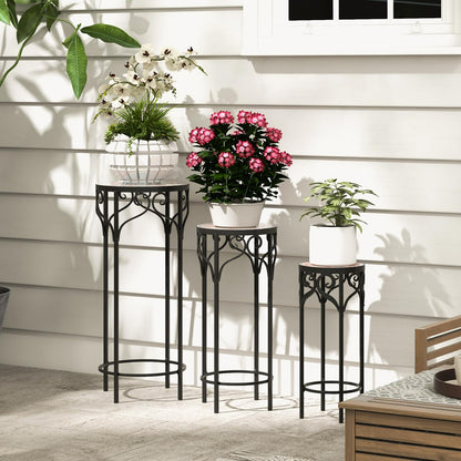 Set of 3 Metal Plant Stand, Round Stackable Flower Pot Holder with Ceramic Top & Anti-slip Foot Pads