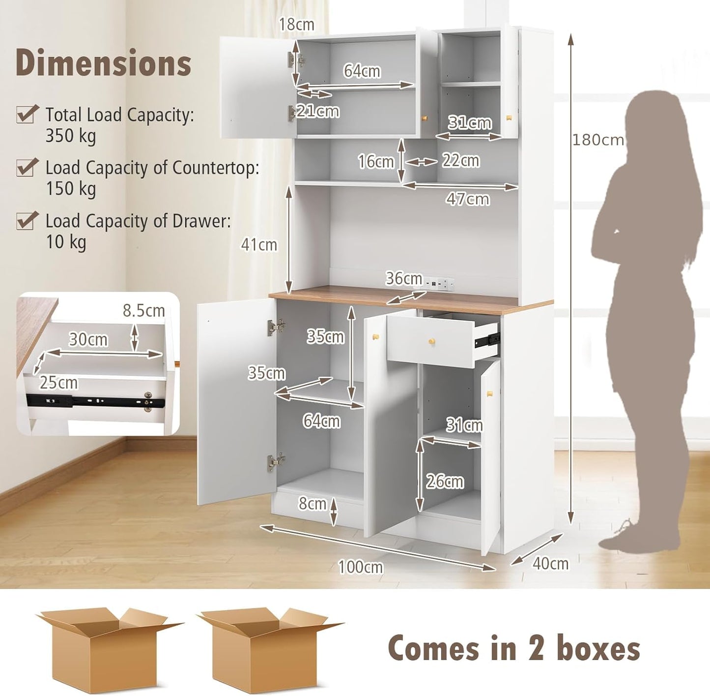 GiantexUK 180CM Kitchen Cupboard, Wooden Storage Cabinet with Outlets, 2 USB Ports, Adjustable Shelves