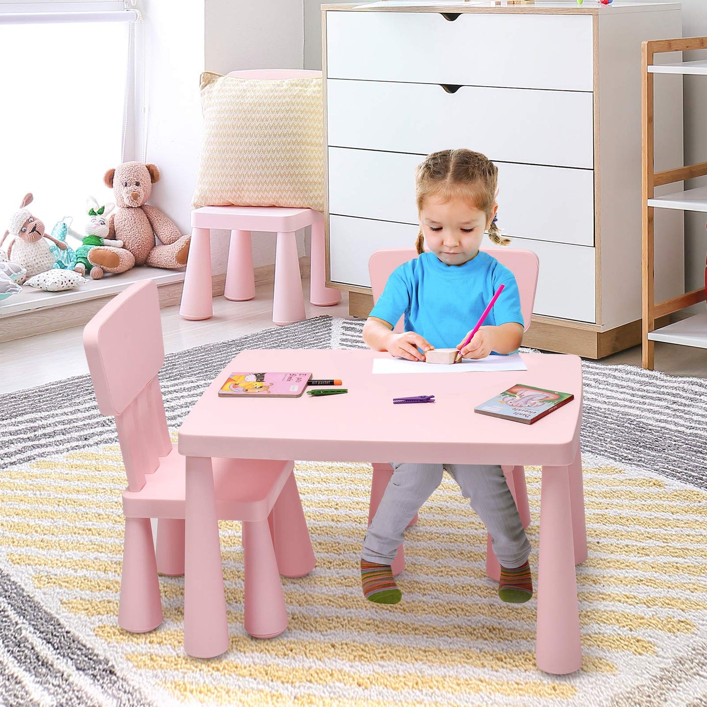 Kids Table and Chair Set, Children Multi Activity Desk with 2 Chairs, for Eating, Drawing, Writing, Craft, Snack Time, 77 x 55 x 50 cm