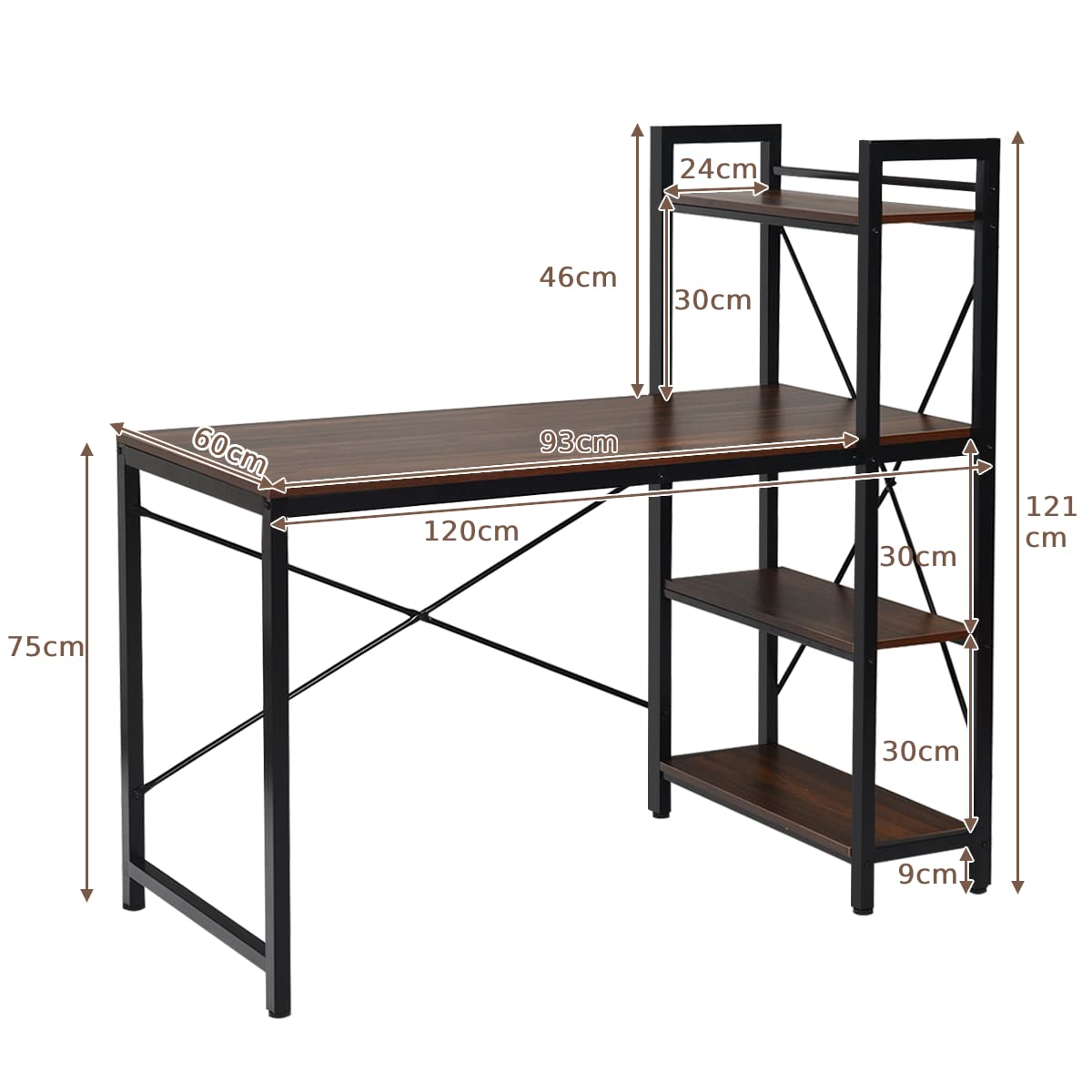 Computer Desk, Steel Frame Wooden Writing Workstation PC Laptop Table with 4-Tier DIY Storage Shelves