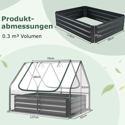 Raised Garden Bed with Greenhouse, Outdoor Elevated Planter Box with PVC Cover & Dual 2-Tier Roll-Up Windows