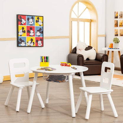 Kids Table and 2 Chairs Set, Wood Activity Tables with Center Mesh Storage (White)