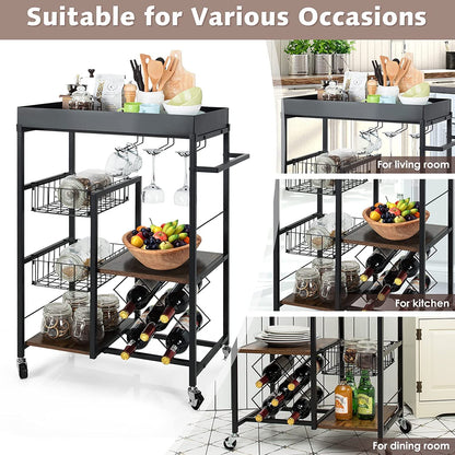 GiantexUK 4 Tier Service Cart, Industrial Kitchen Storage Trolley with Side Handle, Glass Holder, Removable Tray and Lockable Wheels