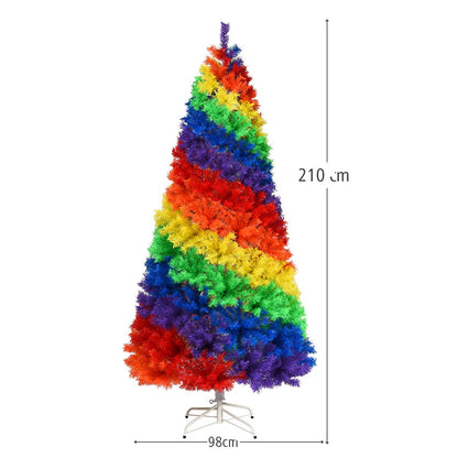 GiantexUK 7FT Rainbow Christmas Tree, Colorful Hinged Artificial Xmas Tree with 1213 Branch Tips & Metal Stand