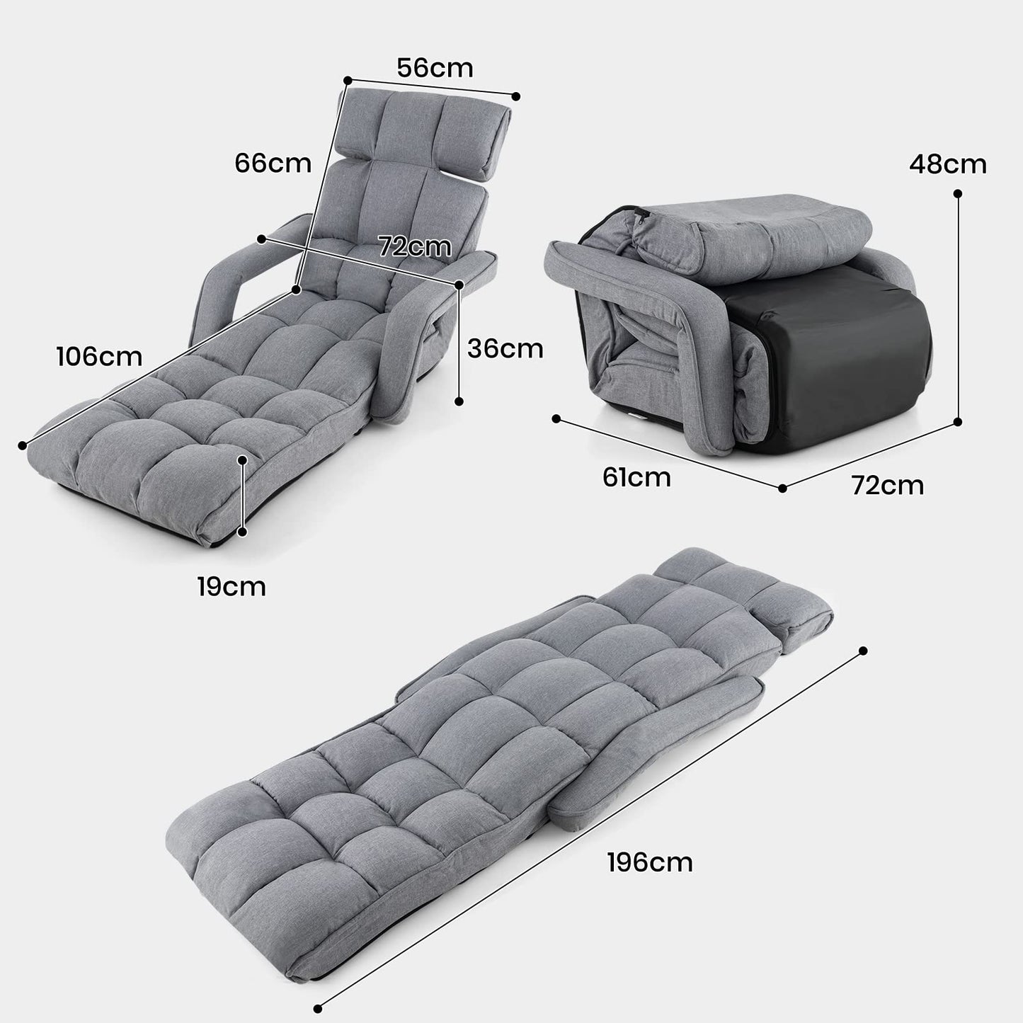 Folding Lazy Sofa, 6-Positon Adjustable Lounger Sleeper Floor Chair with Armrest & Footrest