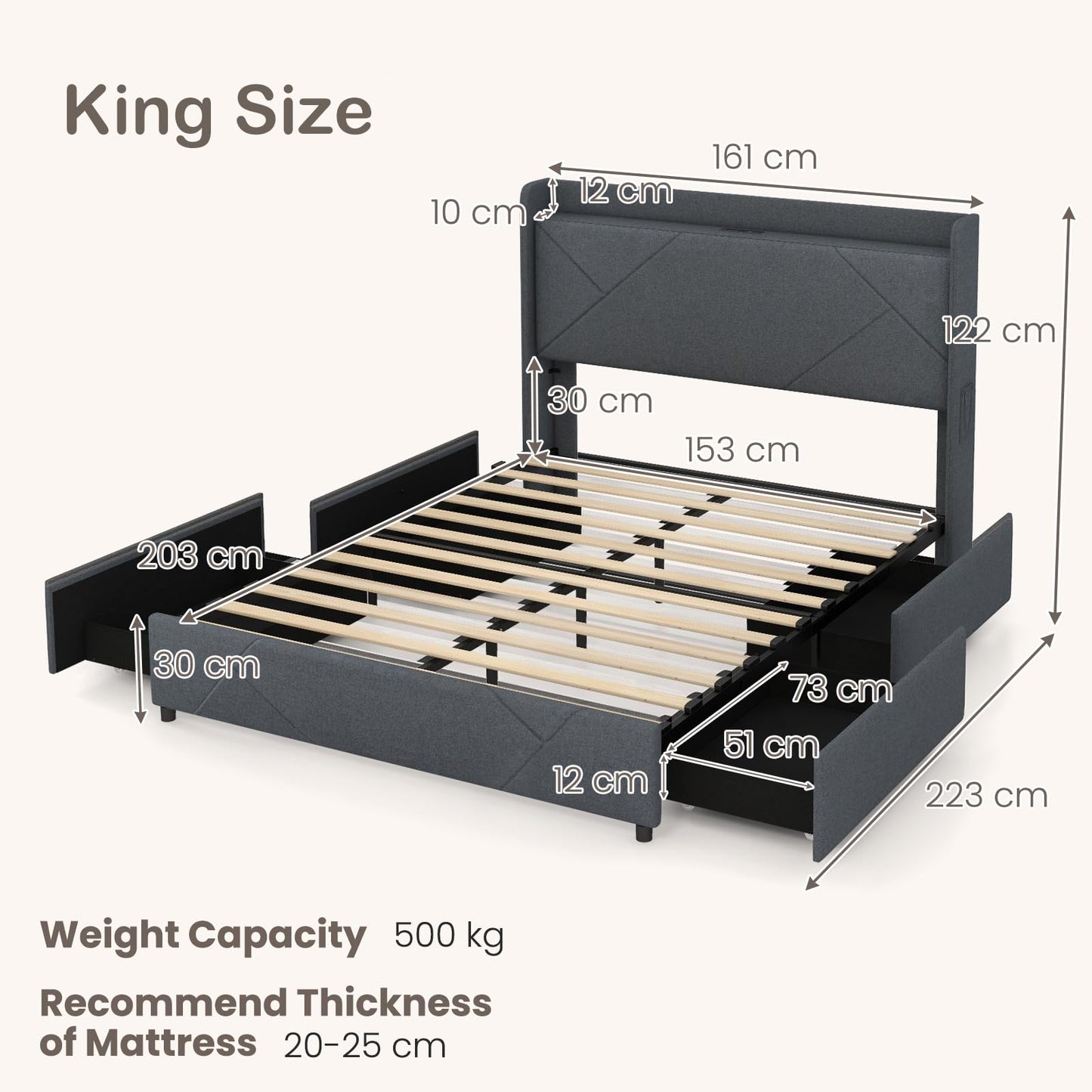 Multigot King Size Bed Frame with RGB LED Lights, 5FT Slat Support Platform Bed with Charging Station