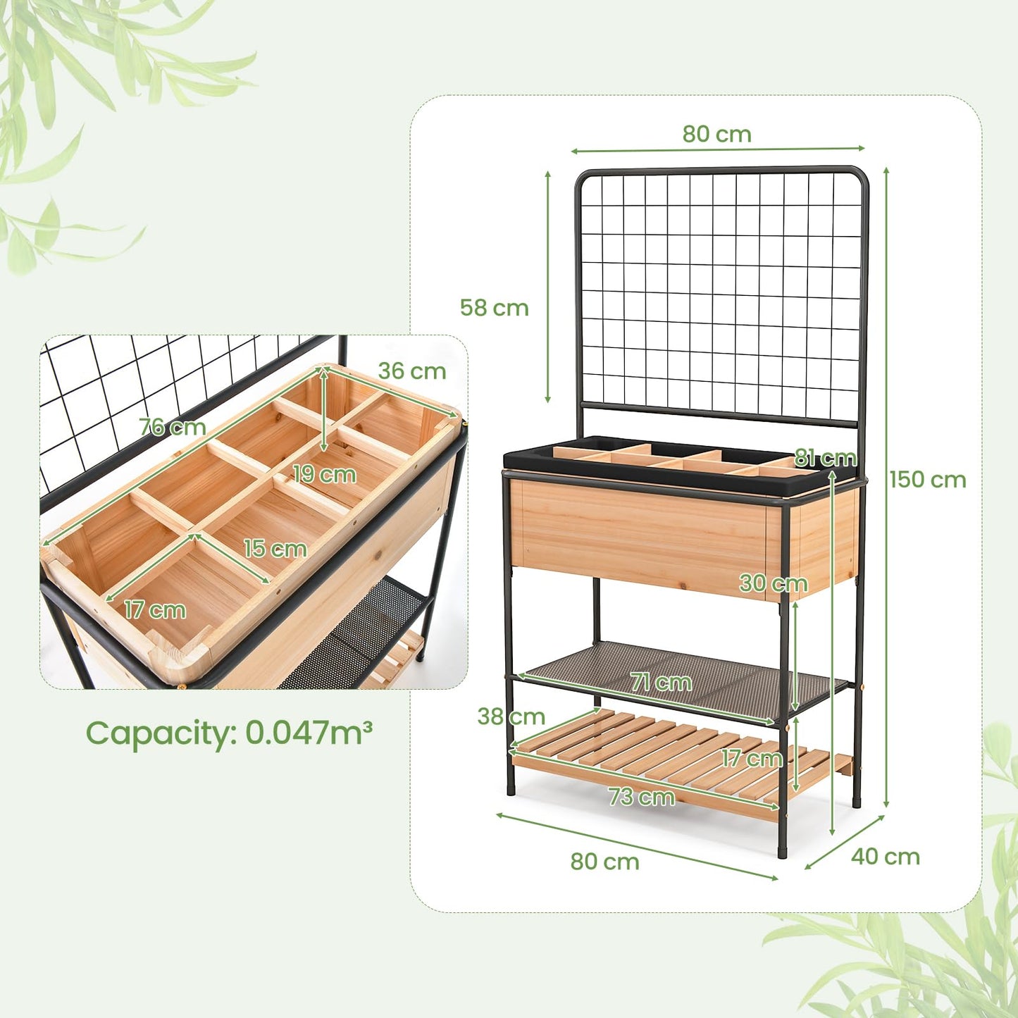 GiantexUK 3 Tier Raised Garden Bed with Trellis, Wooden Garden Planter Pox with Removable Grid Divider