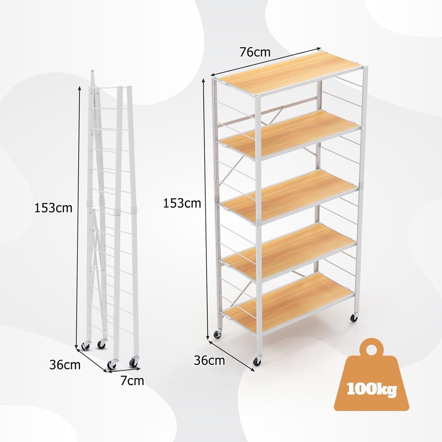 GiantexUK 5-Tier Storage Cart, Foldable Metal Frame Shelving Unit with Wheels, Adjustable Shelves & Anti-Tipping Device