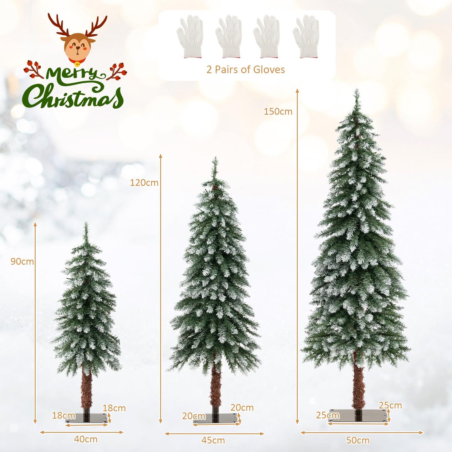 Pre-Lit Pencil Christmas Tree Set of 3, Artificial Slim Snowy Xmas Tree with 50/100/150 Warm White LED Lights & 129/231/369 PVC Branch Tips