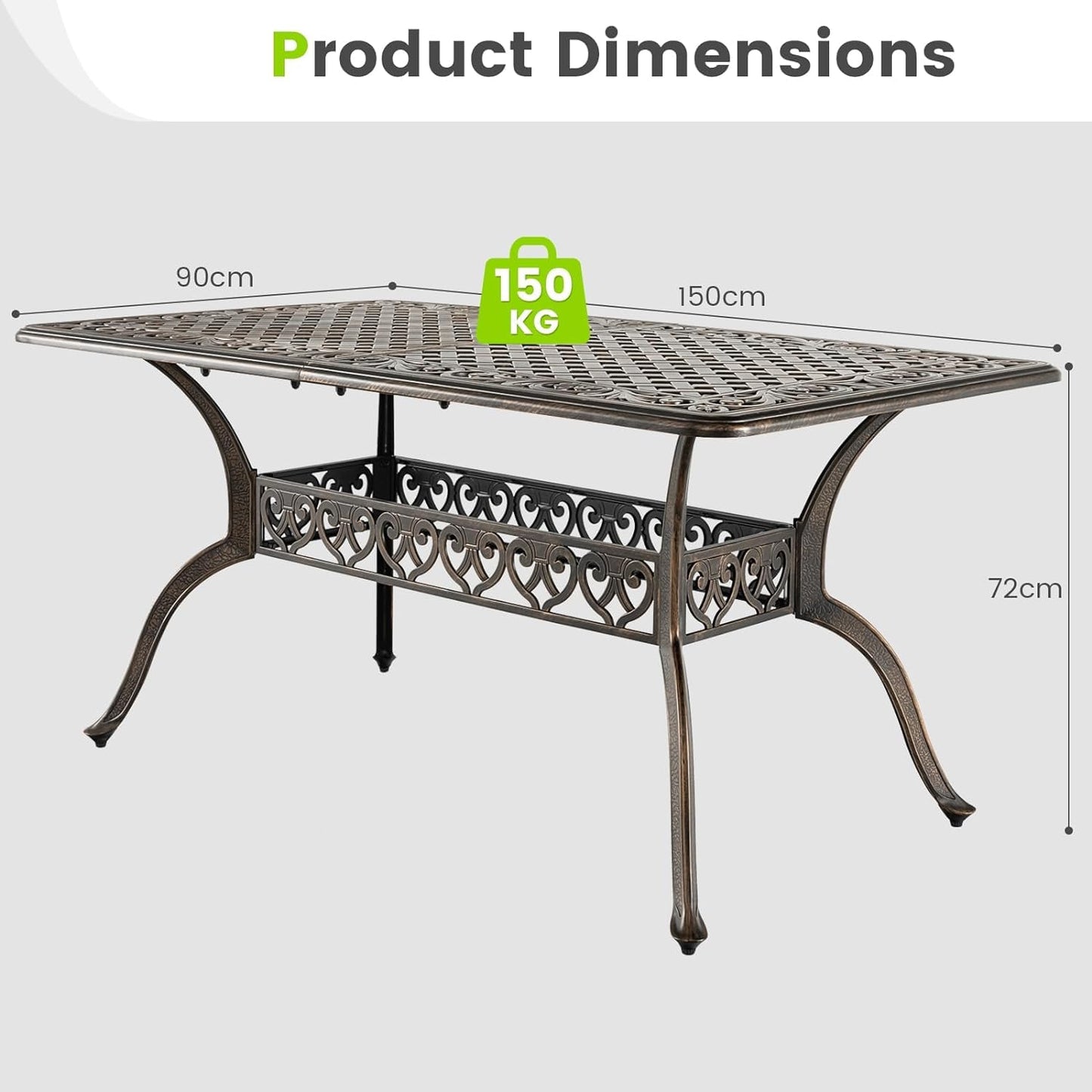 GiantexUK Outdoor Large Dining Table, 150 x 90CM Cast Aluminum Rectangular Table with 4/5CM Umbrella Hole & Hollow Pattern