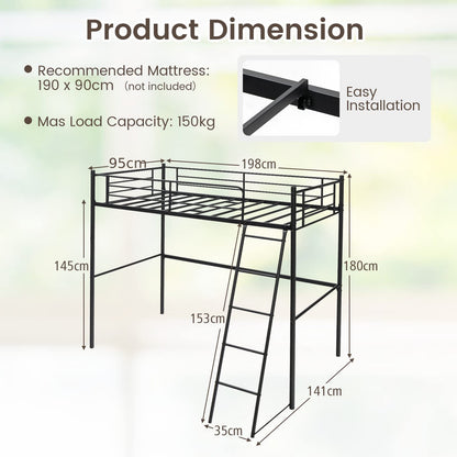 Metal Loft Bed Frame, Single Bunk Bed High Sleeper with Ladder & Safety Guardrail