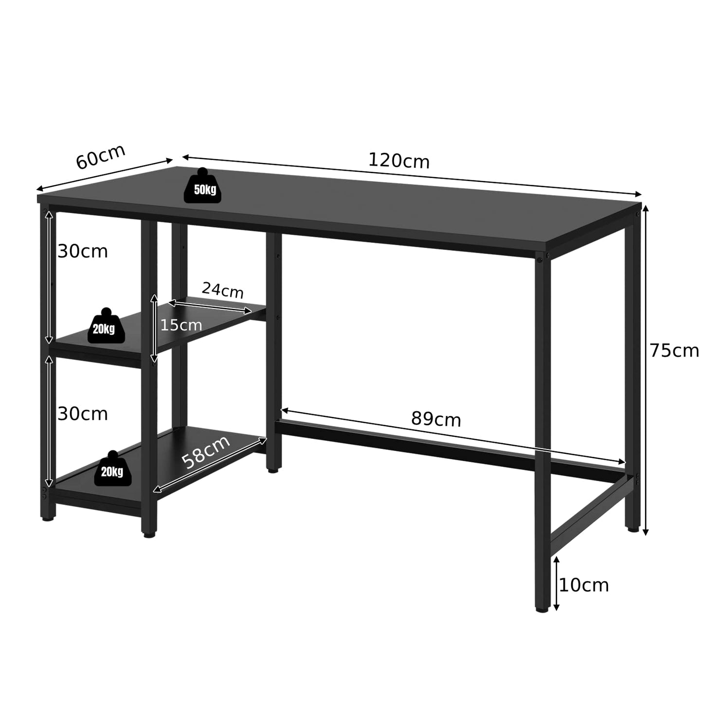 Computer Desk, Industrial Writing Workstation PC Laptop Table with 2-Tier Storage Shelves