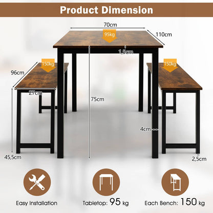 GiantexUK 3PCS Dining Table Furniture Set, 4-Person Wooden Bar Table with 2 Benches