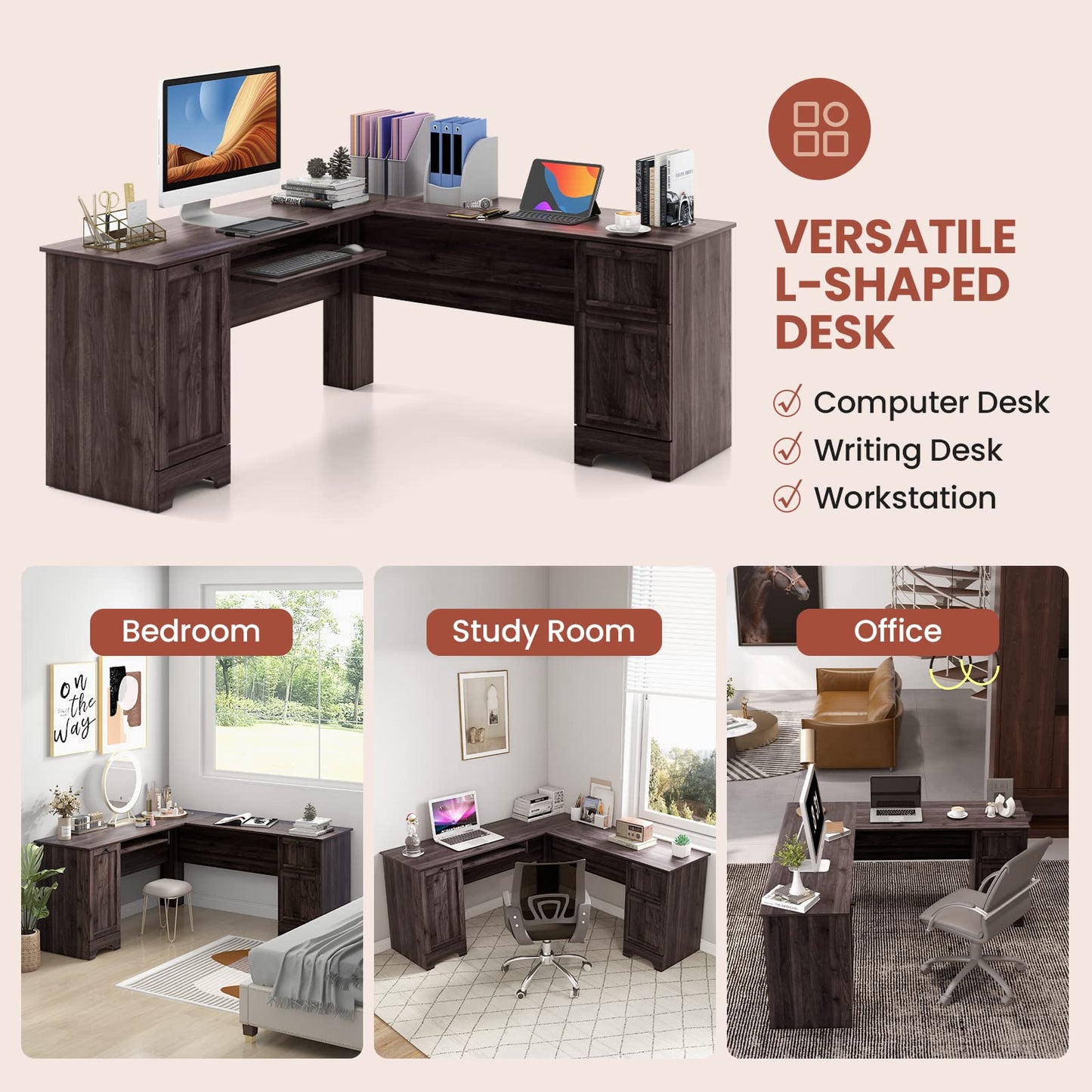 L-Shaped Computer Desk, 170cm Modern Large Corner Desk Writing Study Table with Drawers