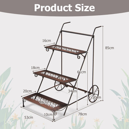 GiantexUK 3-Tier Metal Plant Stand, Ladder Flower Pots Holder with 2 Wheels and Convenient Handles