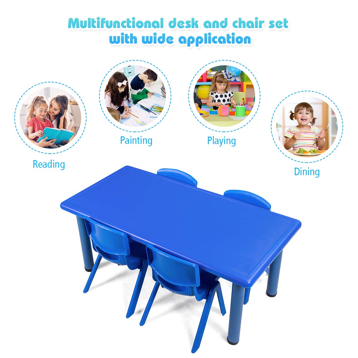 Kids Table, Waterproof Rectangular Children Study Desk with Anti-slip Foot Mats (Blue)