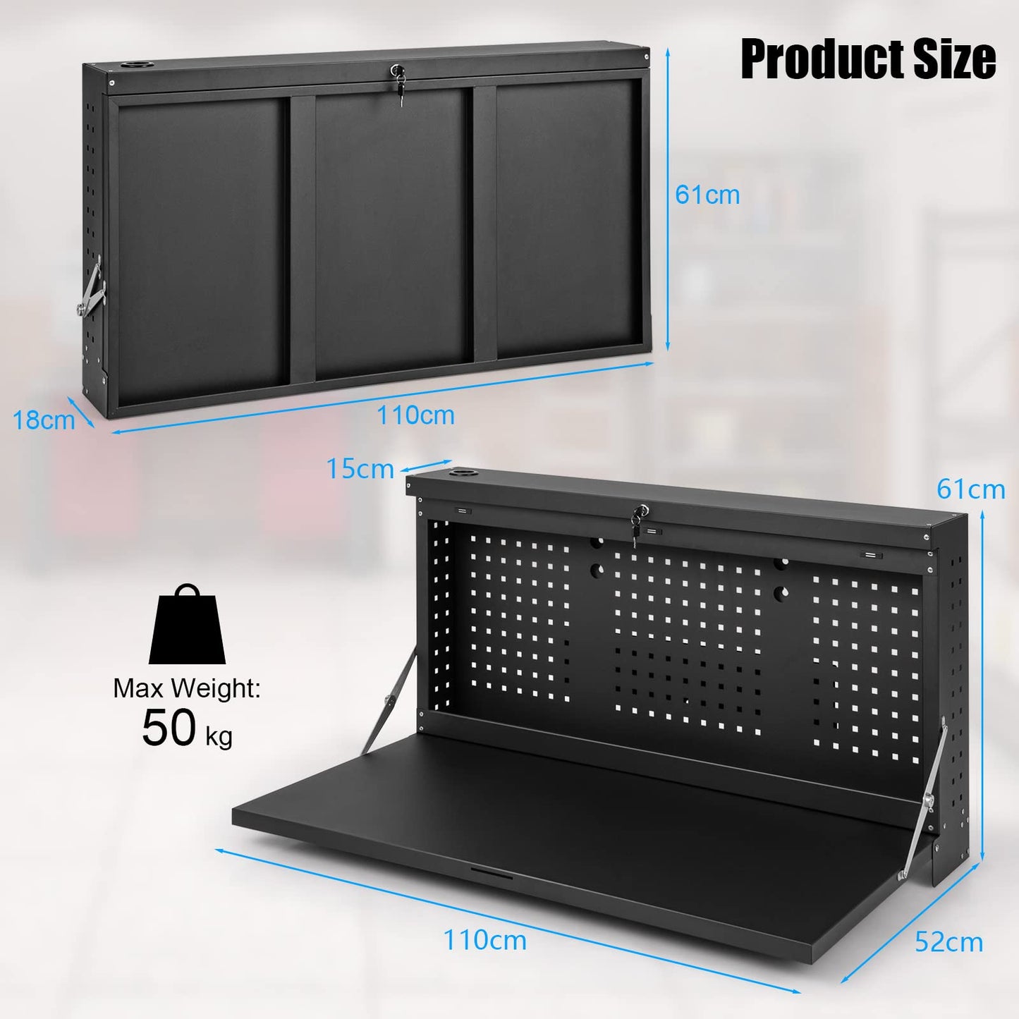 GiantexUK Wall-Mounted Workbench, Foldable Pegboard and Shelf Tool Rack Organiser Holder with Keys