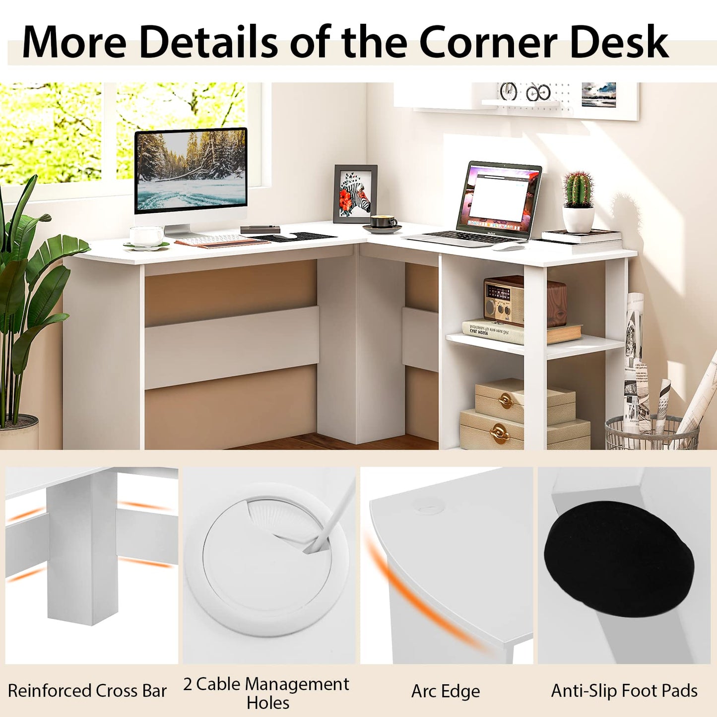 L-Shaped Computer Desk, Modern Large Corner Desk Writing Study Table with Storage Shelves and Cable Holes