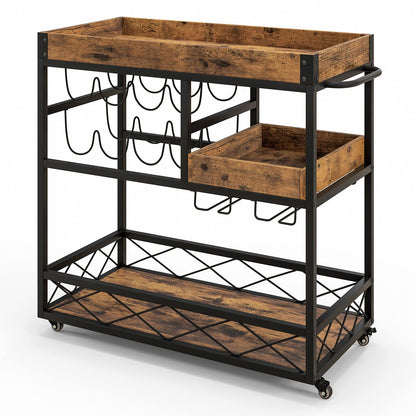 GiantexUK 3-Tier Kitchen Serving Cart, Home Bar Cart Trolley with Wine Rack, Glass Holder, Removable Tray (with Removable Top Tray, 80x40x83cm)