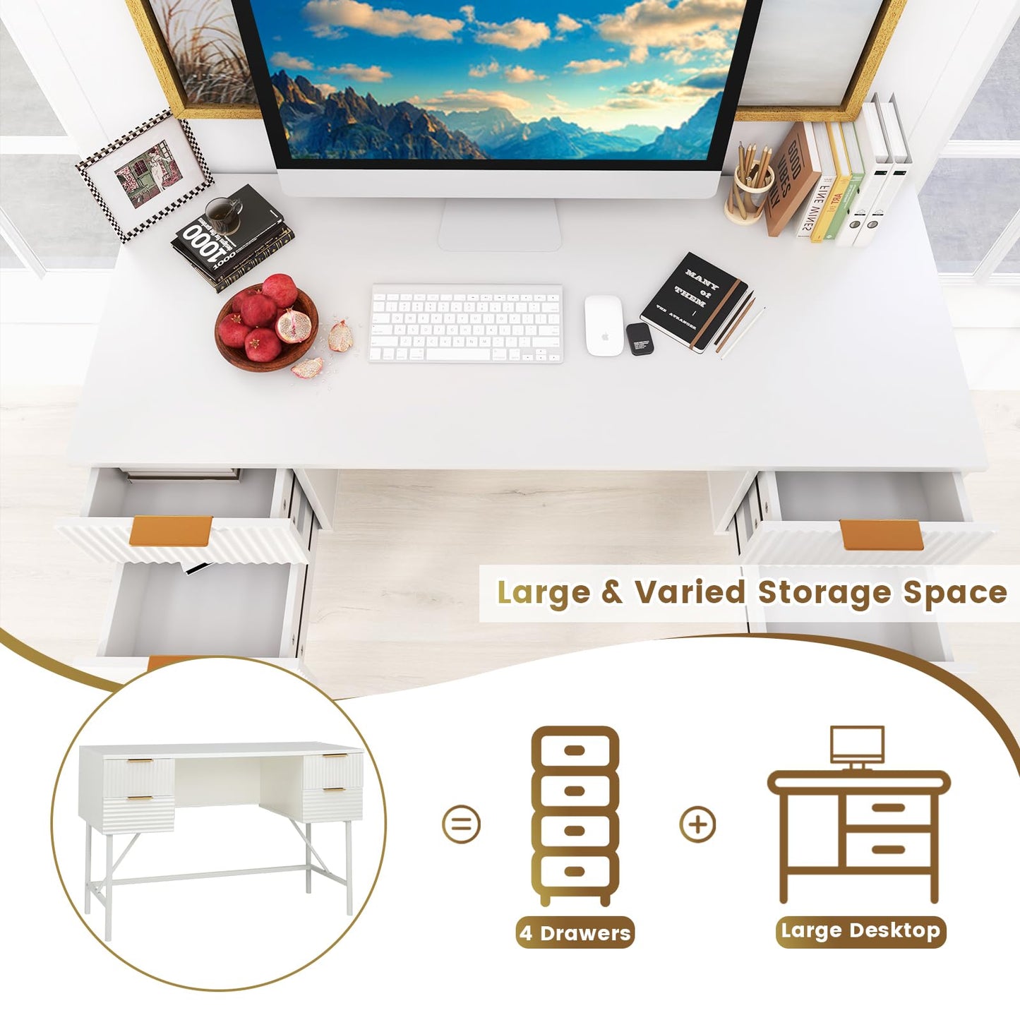 Computer Desk with 4 Drawers, 120cm Home Office Study Table Writing Workstation, Modern PC Laptop Table Working Desk, White